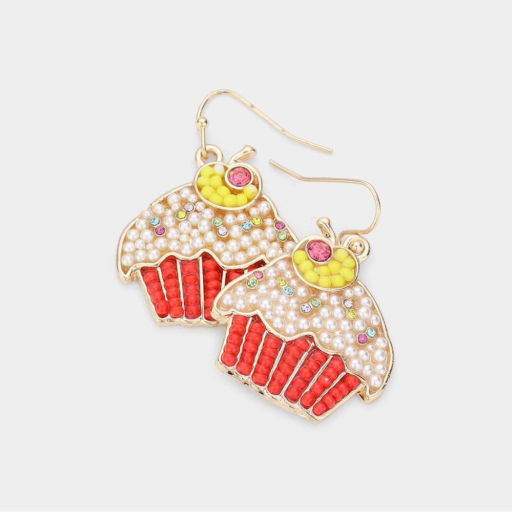 Madeline Love Gold, Red Pearl Seed Beaded Cupcake Dangle Earrings