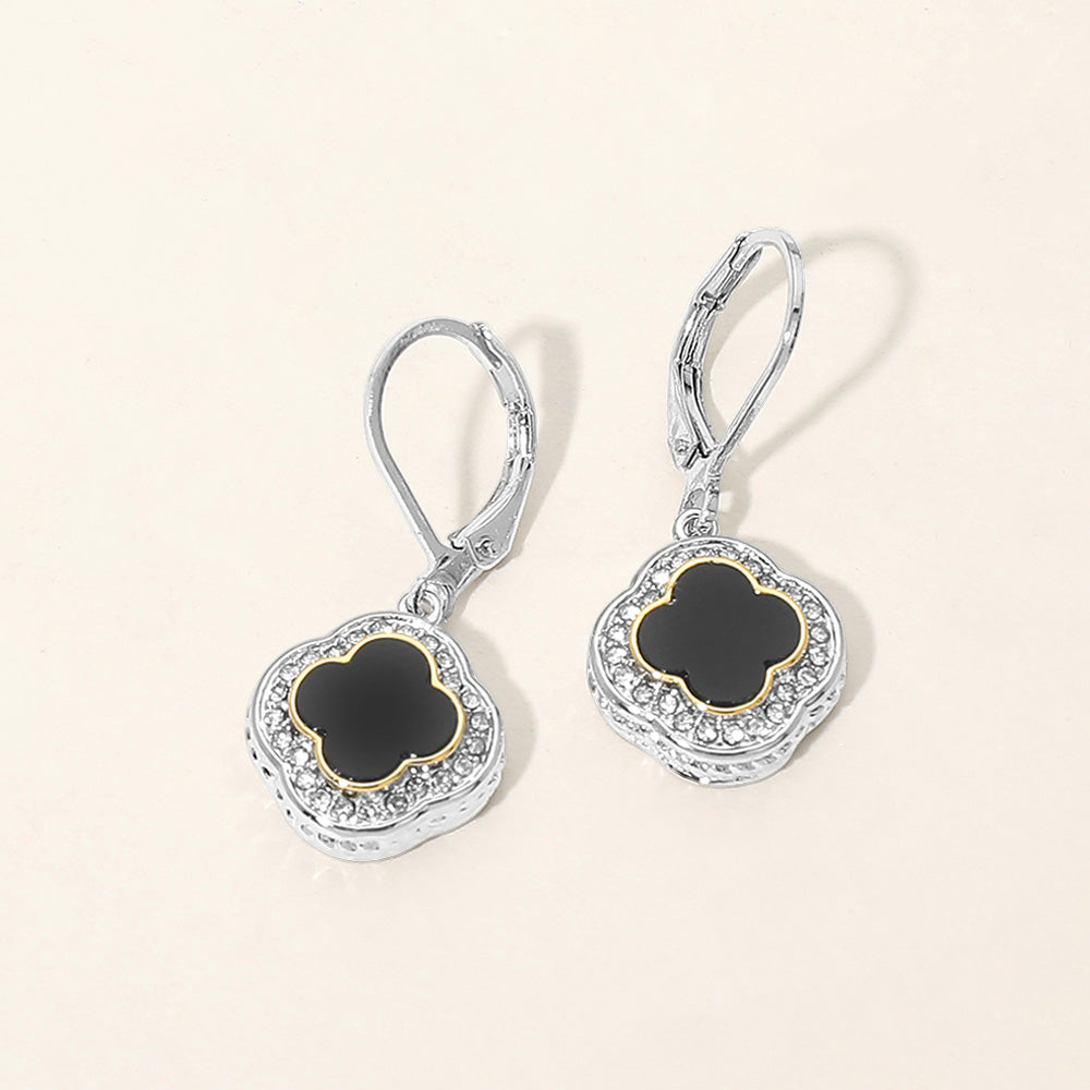 Madeline Love Black 14K Gold Plated CZ Pave Rim Quatrefoil Charm Drop Earrings