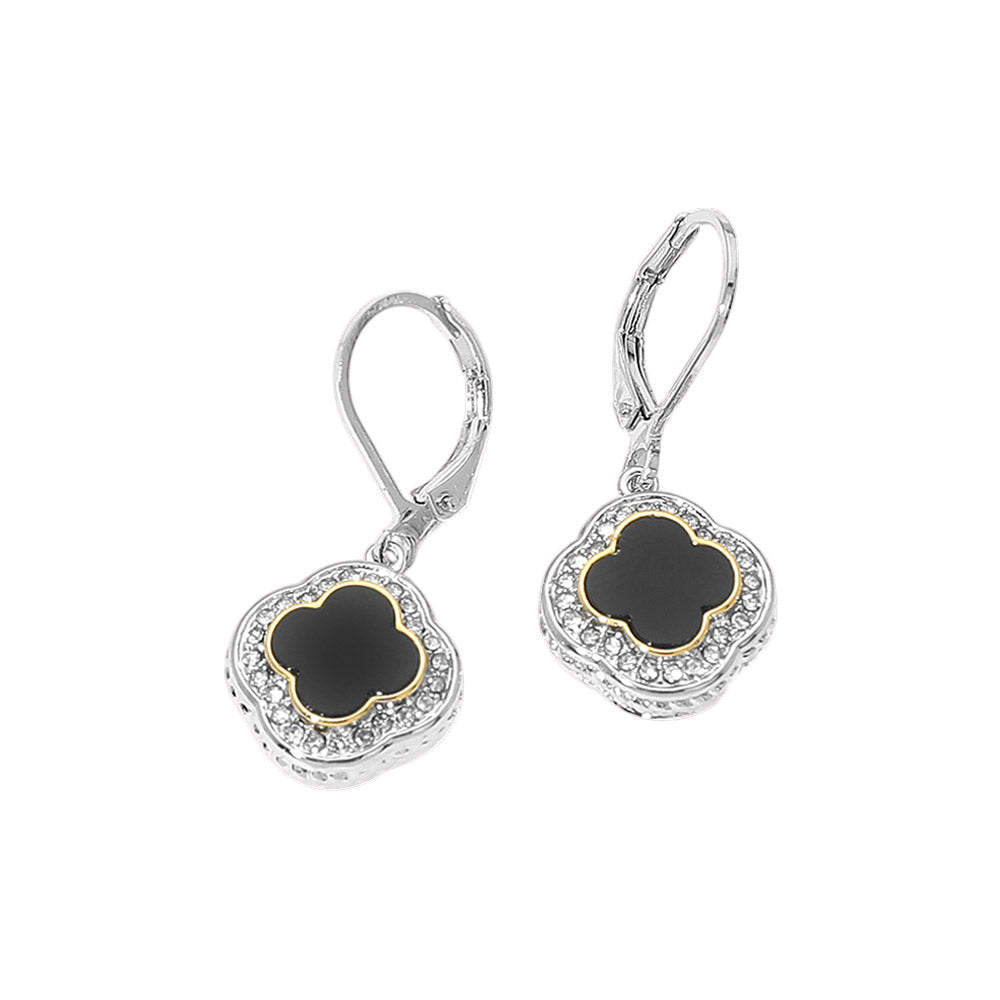 Madeline Love Black 14K Gold Plated CZ Pave Rim Quatrefoil Charm Drop Earrings - desc