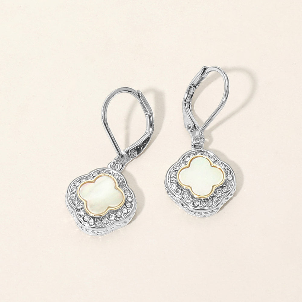 Madeline Love Mother of Pearl 14K Gold Plated CZ Pave Rim Quatrefoil Charm Drop Earrings