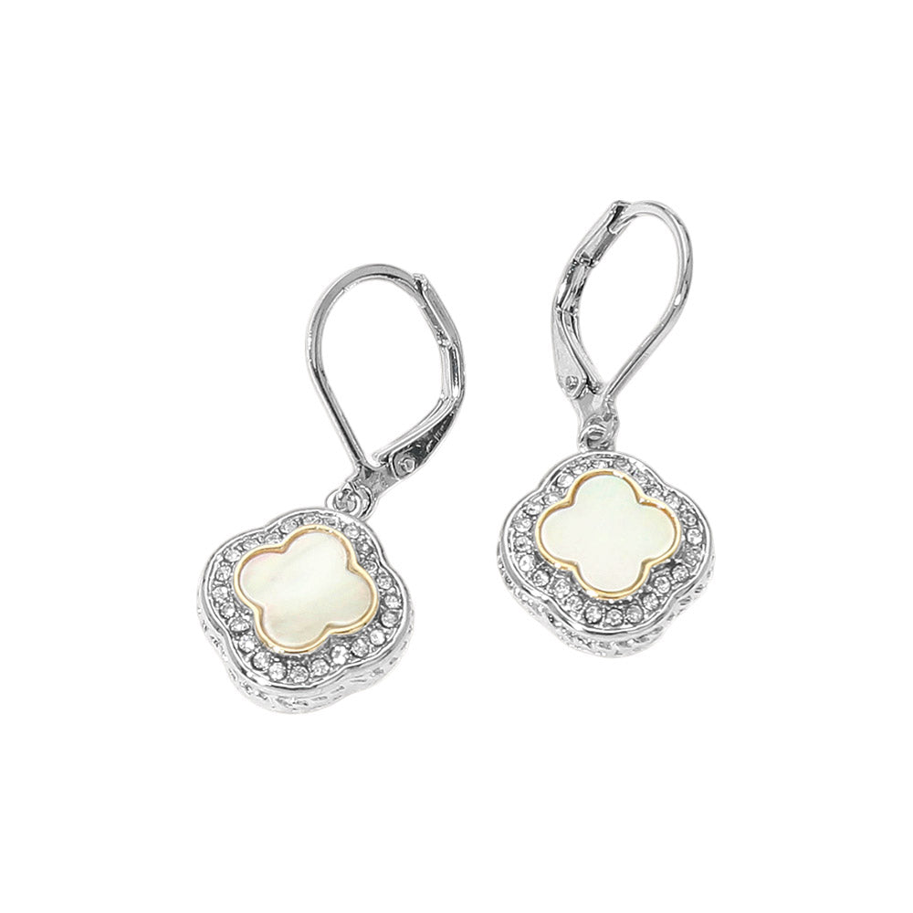 Madeline Love Mother of Pearl 14K Gold Plated CZ Pave Rim Quatrefoil Charm Drop Earrings - desc