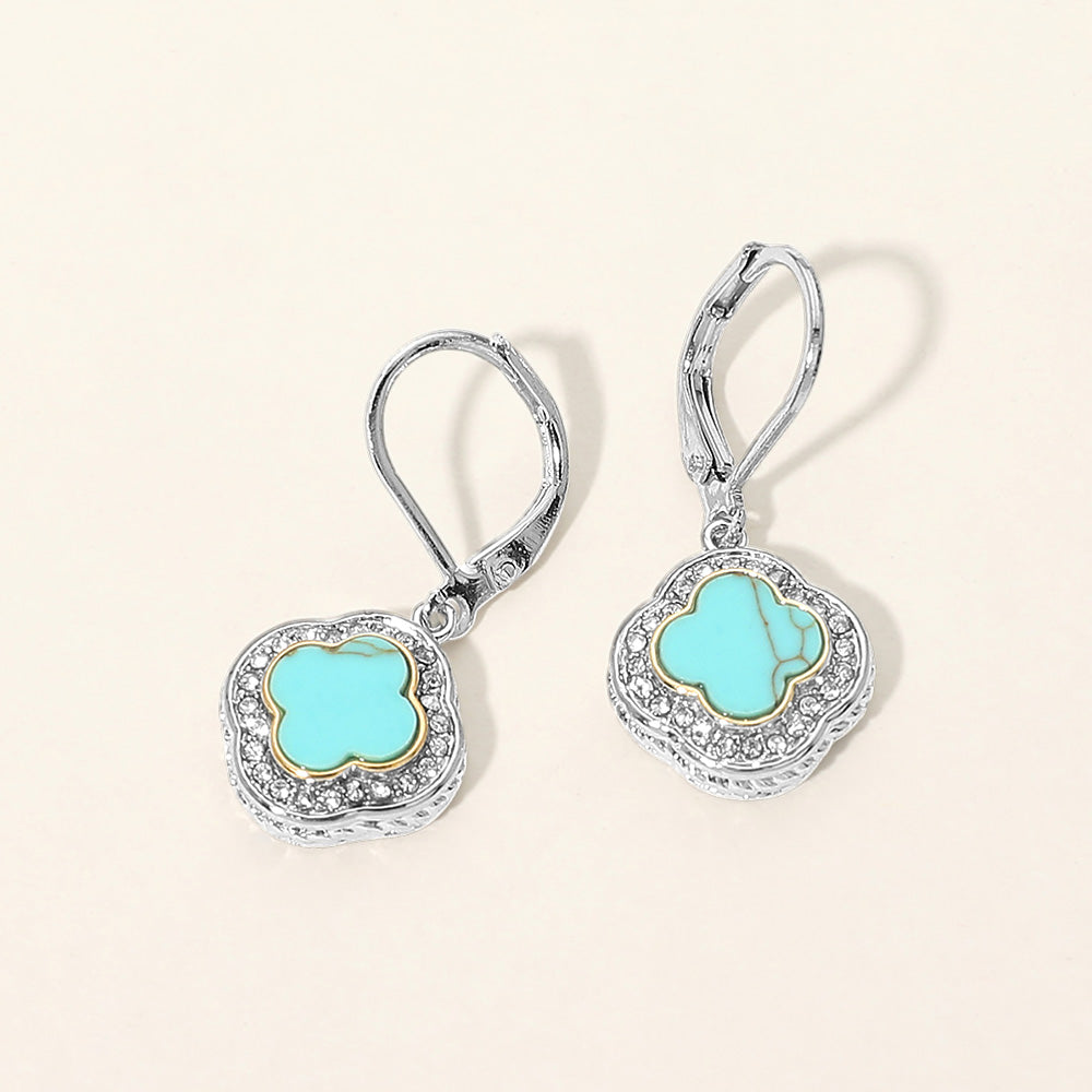 Madeline Love Turquoise 14K Gold Plated CZ Pave Rim Quatrefoil Charm Drop Earrings