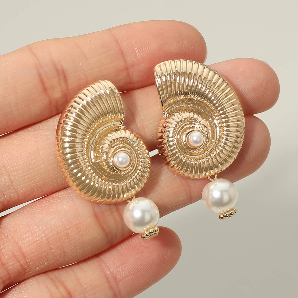 Madeline Love Cream, Gold Bold Textured Metal Nautilus Shell Pearl Drop Earrings