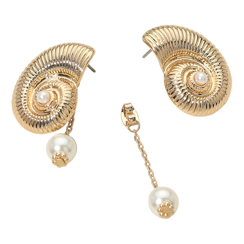 Madeline Love Cream, Gold Bold Textured Metal Nautilus Shell Pearl Drop Earrings - extra