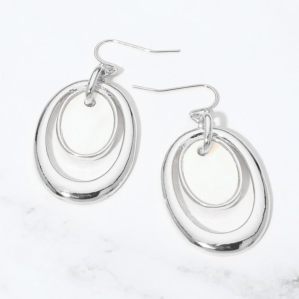 Madeline Love Cream, Rhodium Oval Mother of Pearl Accent Layered Drop Earrings
