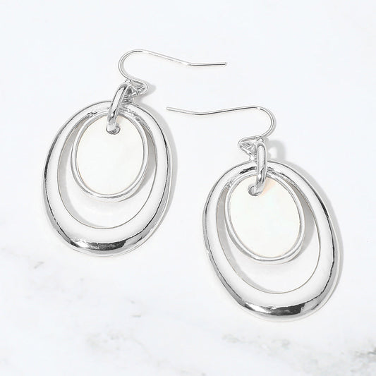 Madeline Love Cream, Rhodium Oval Mother of Pearl Accent Layered Drop Earrings