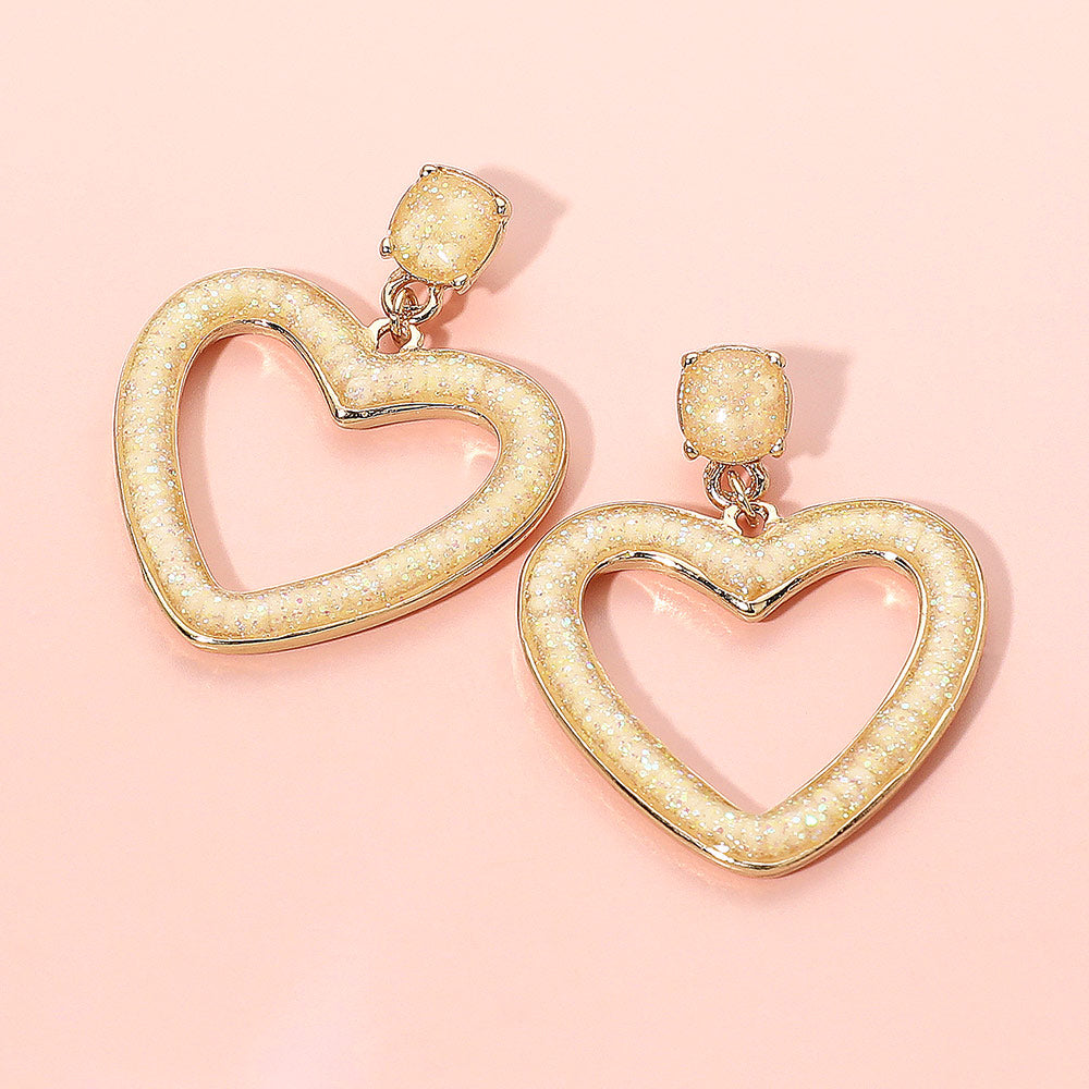 Madeline Love Gold, Ivory Glitter Open Heart Dangle Earrings
