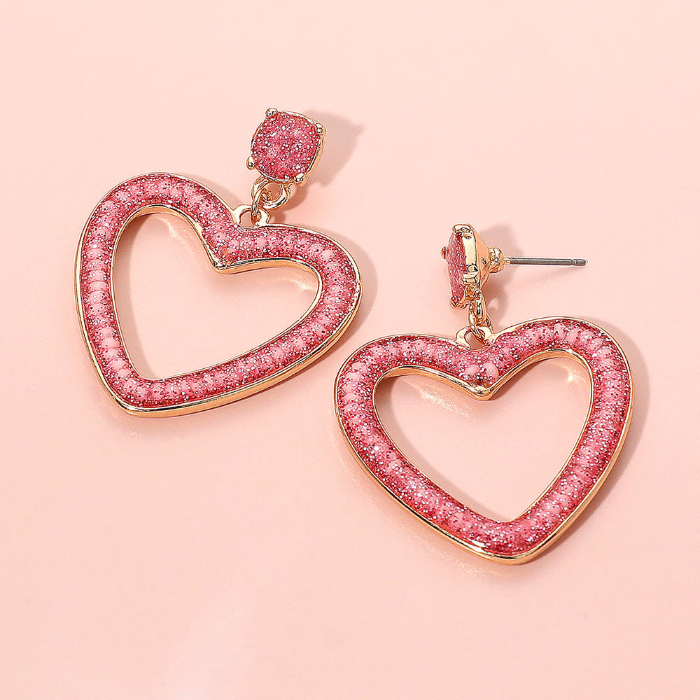 Madeline Love Gold, Pink Glitter Open Heart Dangle Earrings