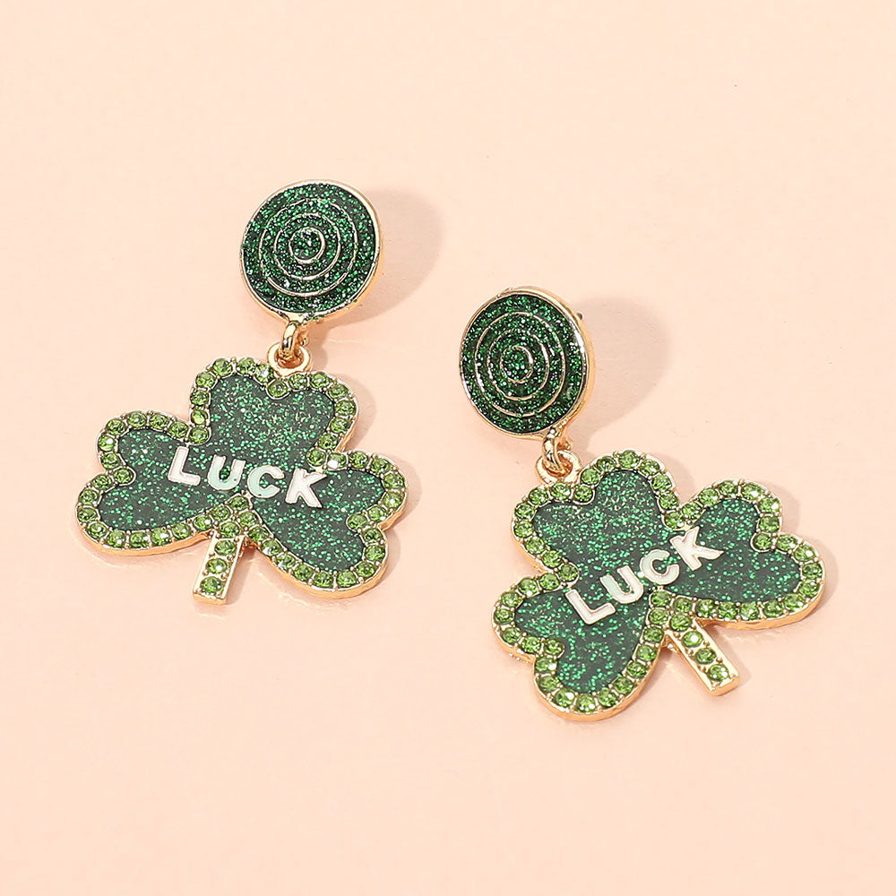 Madeline Love Gold, Green Glitter Luck Clover Drop Dangle Earrings