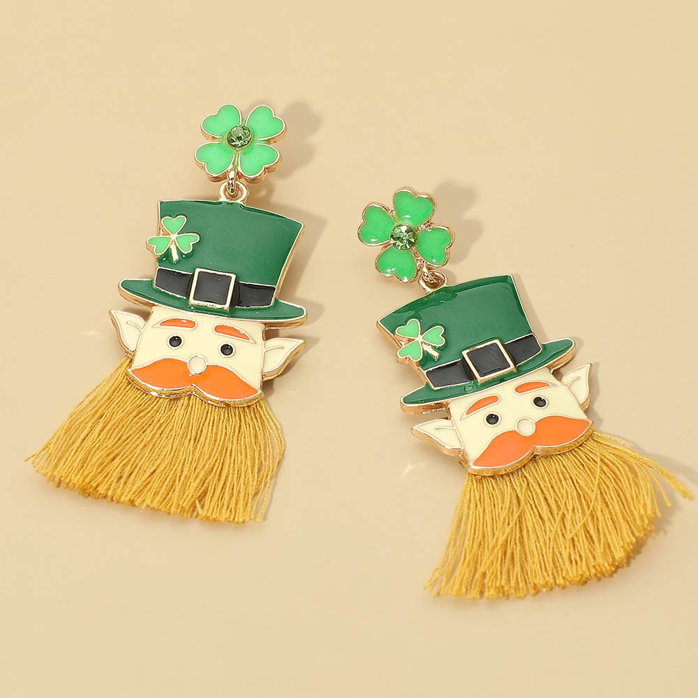 Madeline Love Gold, Green St Patricks Shamrock Clover Leprechaun Tassel Drop Earrings