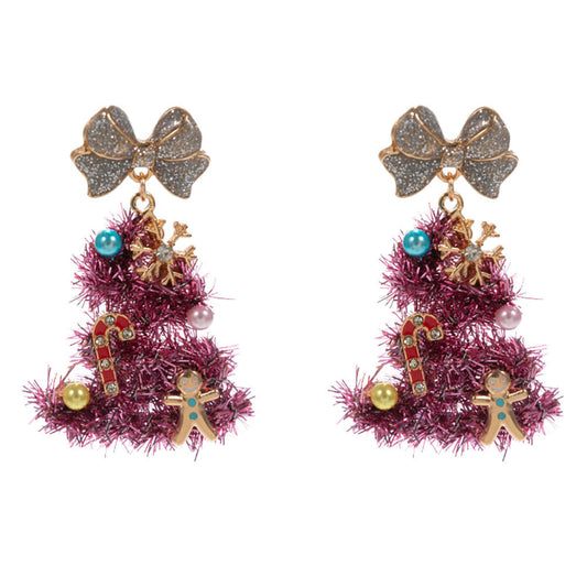 Hot Pink Charm Tinsel Christmas Tree Dangle Earrings