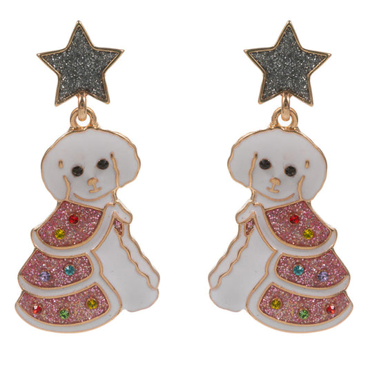 Pink Holiday Puppy Dangle Earrings