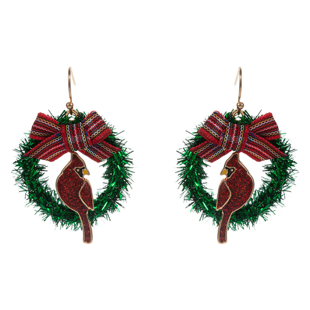 Gold Holiday Bow Accent Cardinal Wreath Dangle Earrings