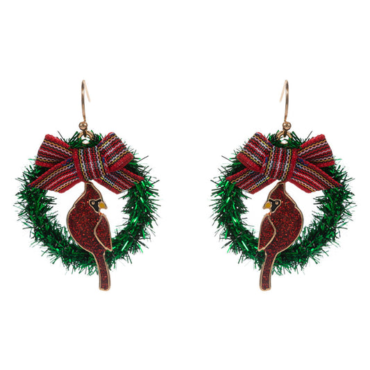 Gold Holiday Bow Accent Cardinal Wreath Dangle Earrings