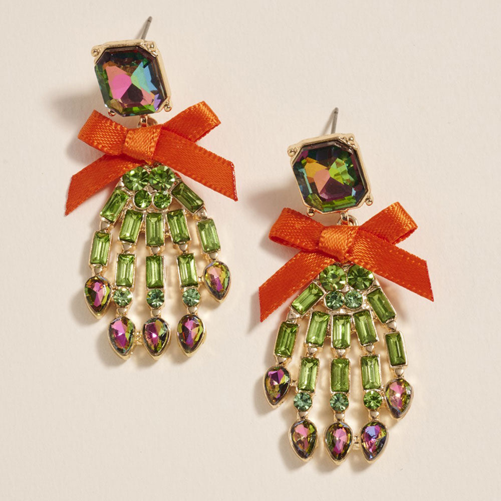 Gold, Green Bow Accent Glass Stone Skeleton Hand Dangle Earrings