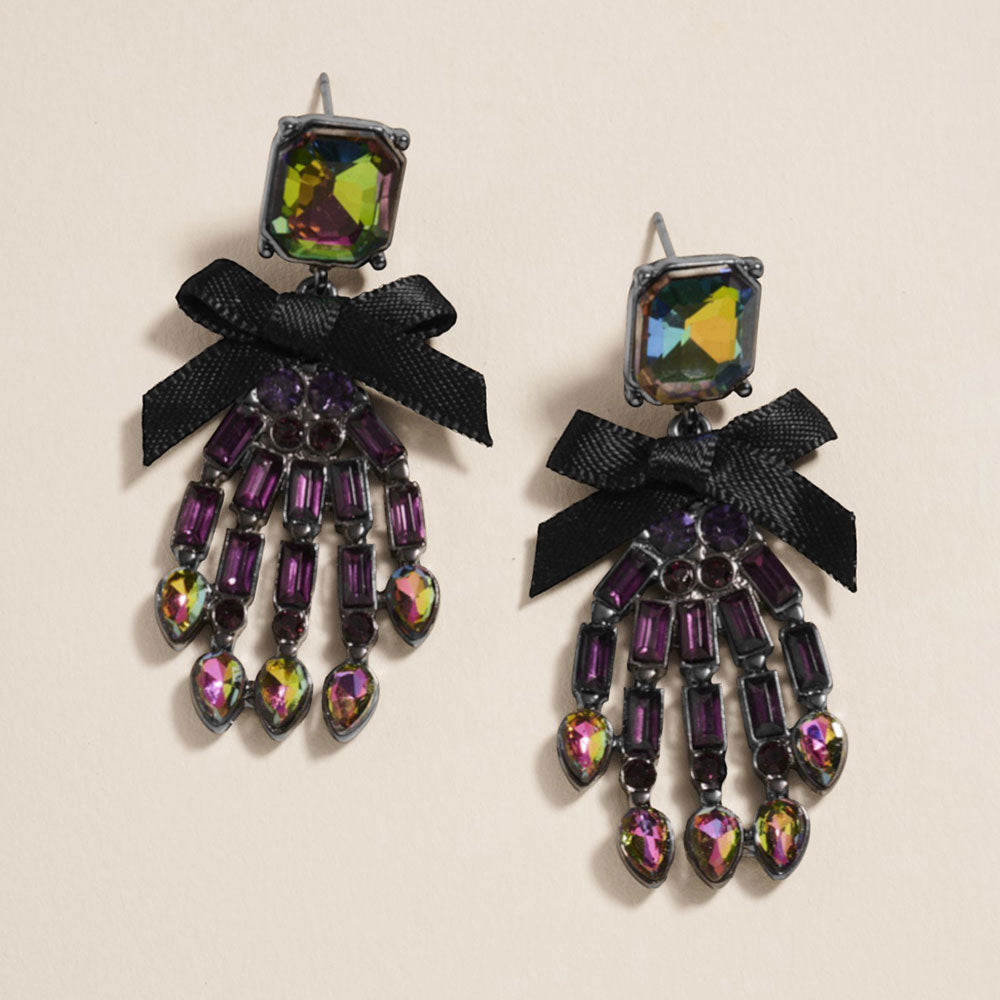 Hematite, Purple Bow Accent Glass Stone Skeleton Hand Dangle Earrings