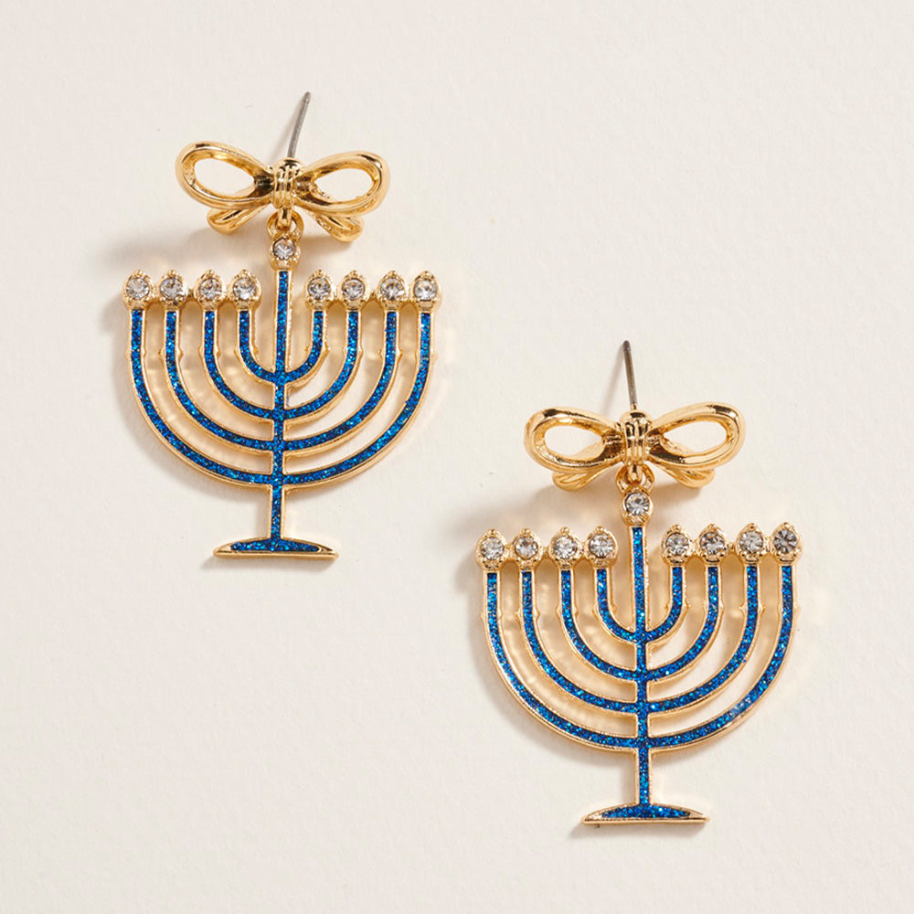 Madeline Love Gold Bow Accent Hanukkah Menorah Dangle Earrings