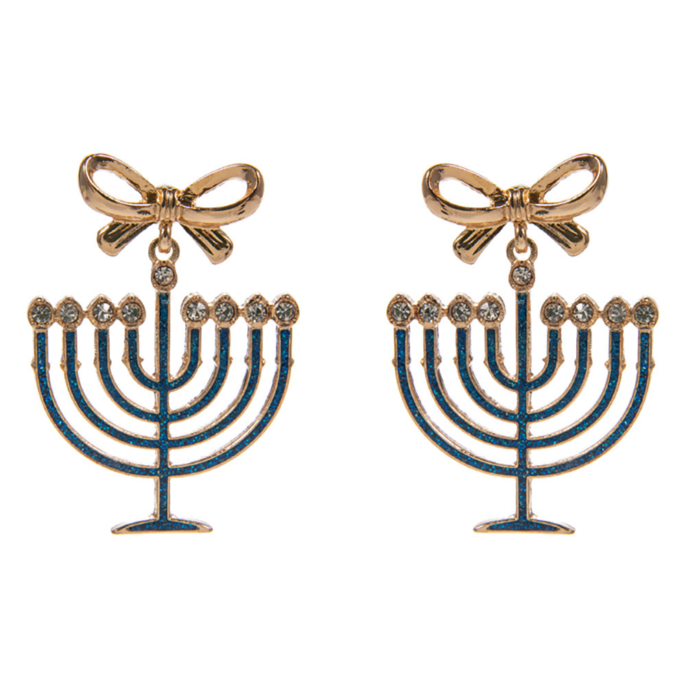 Madeline Love Gold Bow Accent Hanukkah Menorah Dangle Earrings - desc