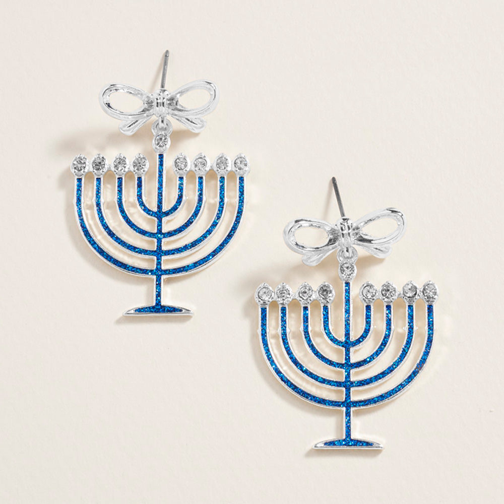 Madeline Love Silver Bow Accent Hanukkah Menorah Dangle Earrings