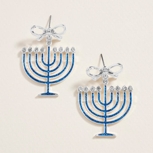 Madeline Love Silver Bow Accent Hanukkah Menorah Dangle Earrings