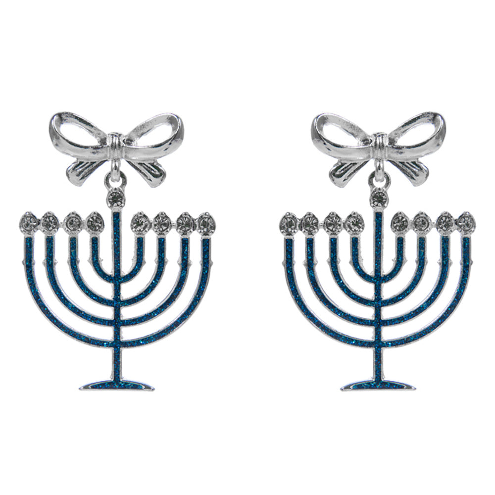 Madeline Love Silver Bow Accent Hanukkah Menorah Dangle Earrings - desc