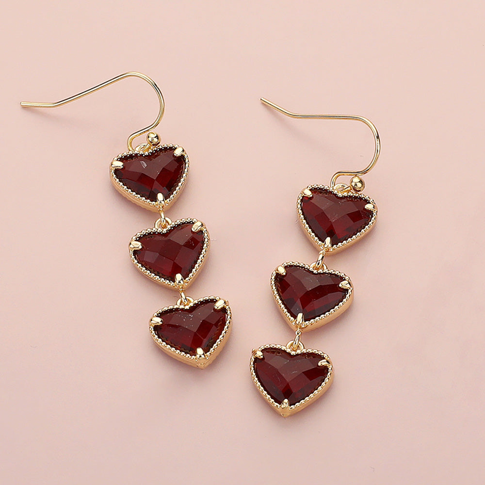 Triple Heart Stone Cluster Link Dropdown Dangle Earrings