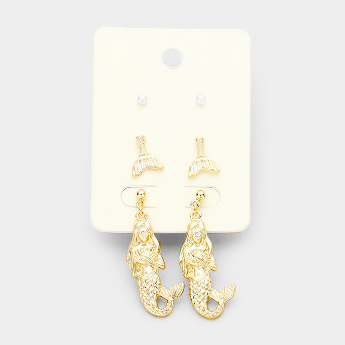 Gold 3Pairs Pearl Mermaid Earrings