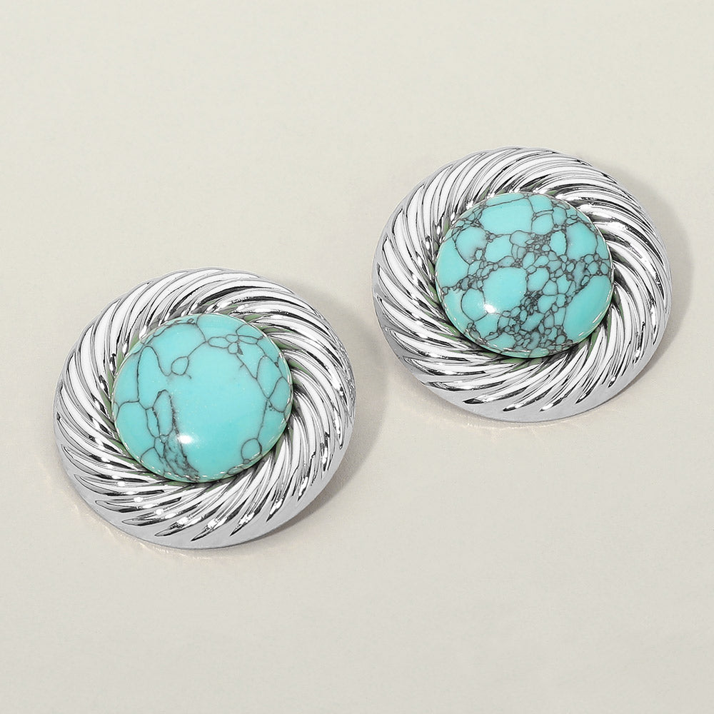 Madeline Love Rhodium, Turquoise Bold Turquoise Stone Center Metal Swirl Rim Statement Earrings