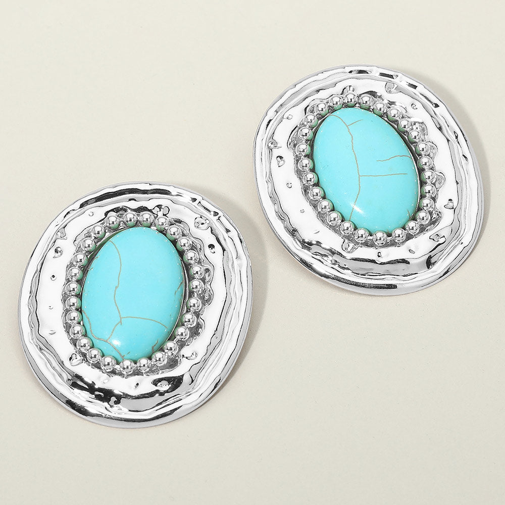 Madeline Love Rhodium, Turquoise Bold Western Oval Turquoise Stone Center Beaded Frame Statement Earrings