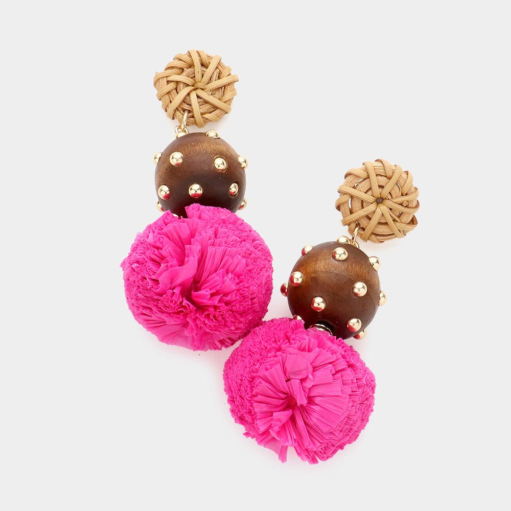 Madeline Love Fuchsia Wood Raffia Ball Dangle Earrings