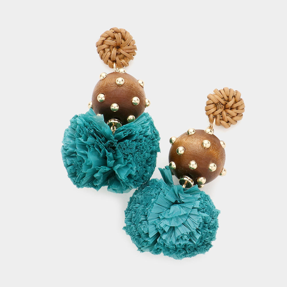 Madeline Love Green Wood Raffia Ball Dangle Earrings
