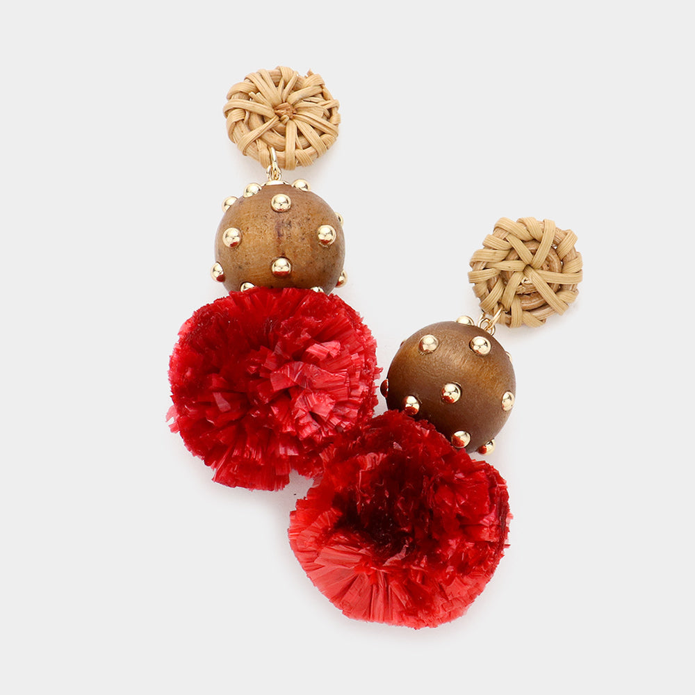 Madeline Love Red Wood Raffia Ball Dangle Earrings