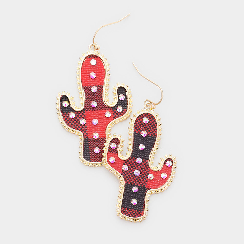 Madeline Love Red Buffalo Check Plaid Pattern Rhinestone Cactus Earrings