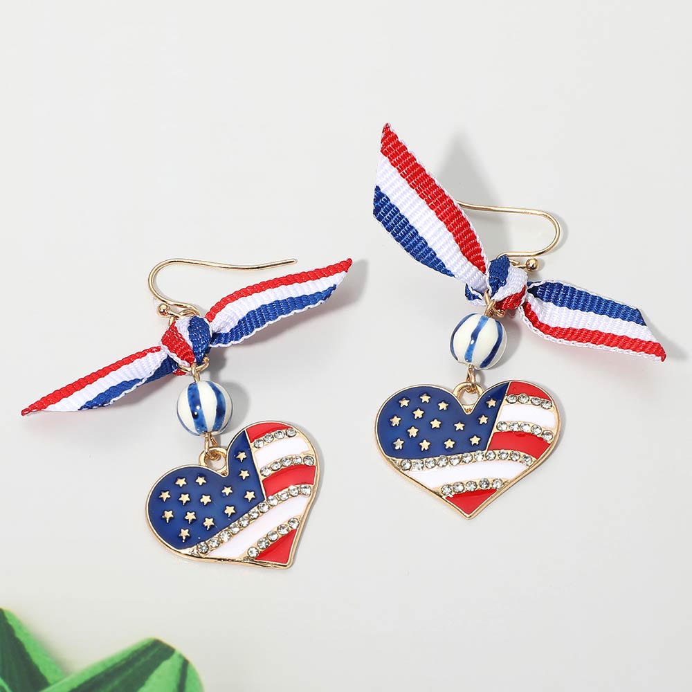 Madeline Love Gold, Multi American USA Bow Heart Flag Link Drop Earrings