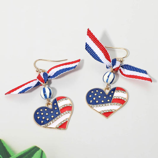 Madeline Love Gold, Multi American USA Bow Heart Flag Link Drop Earrings
