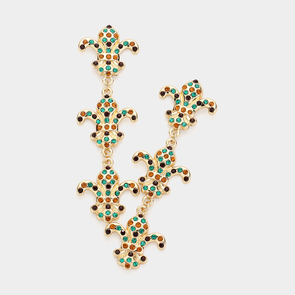 Multi Stone Paved Fleur de Lis Link Dropdown Earrings