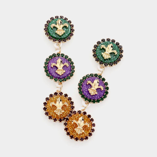 Multi Stone Embellished Fleur de Lis Disc Link Dropdown Earrings