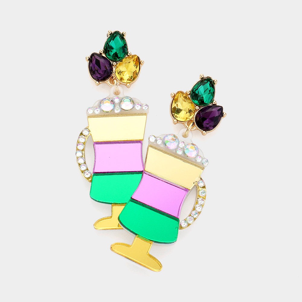 Multi Mardi Gras Resin Pint Glass Dangle Earrings