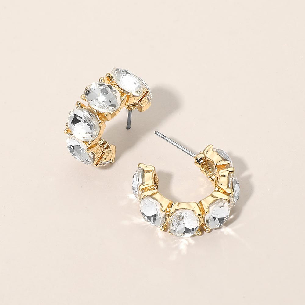 Madeline Love Clear, Gold Oval Stone Cluster Hoop Earrings