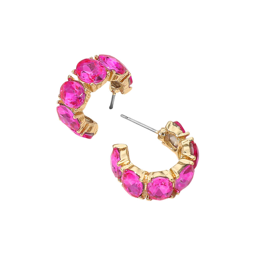 Madeline Love Fuchsia, Gold Oval Stone Cluster Hoop Earrings - desc