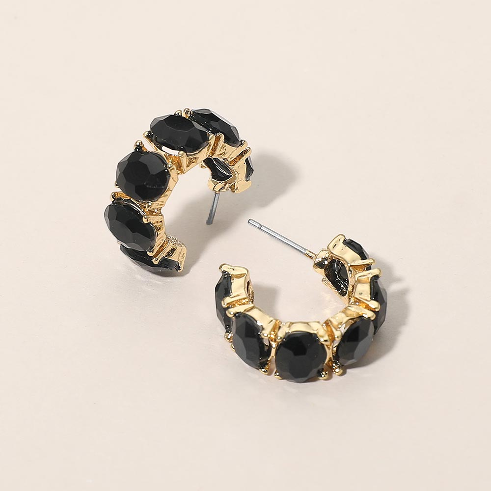 Madeline Love Gold, Jet Black Oval Stone Cluster Hoop Earrings