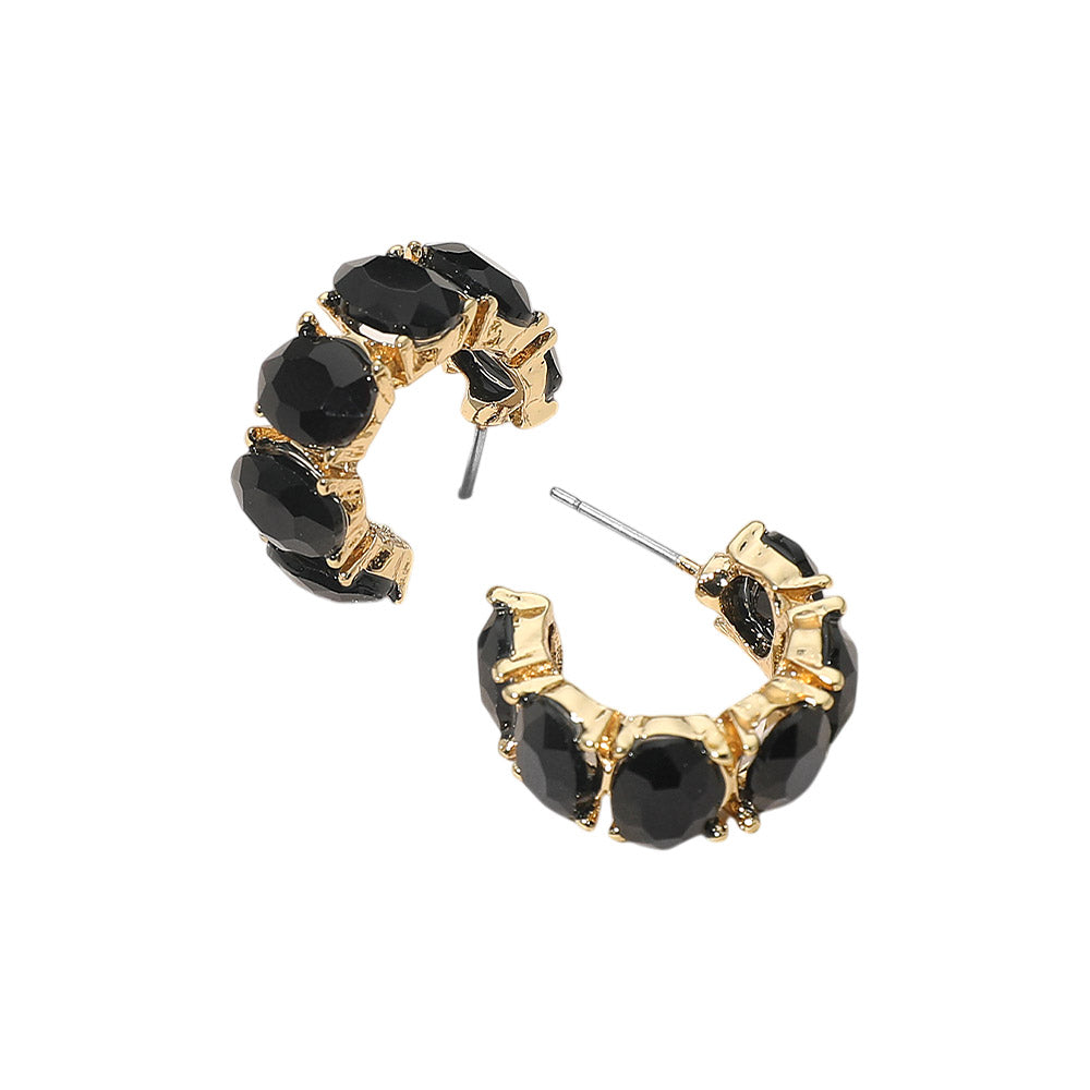 Madeline Love Gold, Jet Black Oval Stone Cluster Hoop Earrings - desc