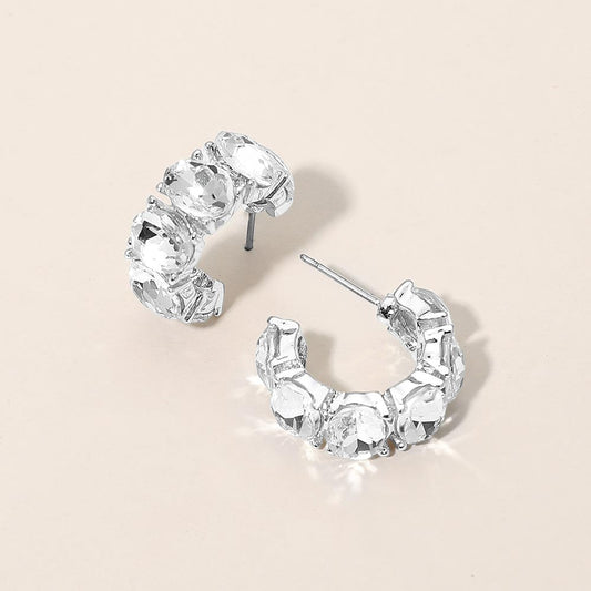 Madeline Love Clear, Rhodium Oval Stone Cluster Hoop Earrings