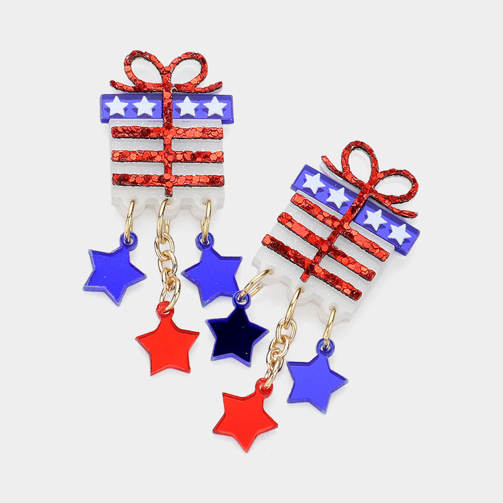 Madeline Love Multi Glittered Resin American USA Flag Gift Box Dangle Earrings