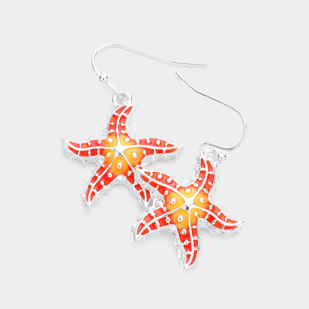 Red, Silver Enamel Metal Starfish Dangle Earrings