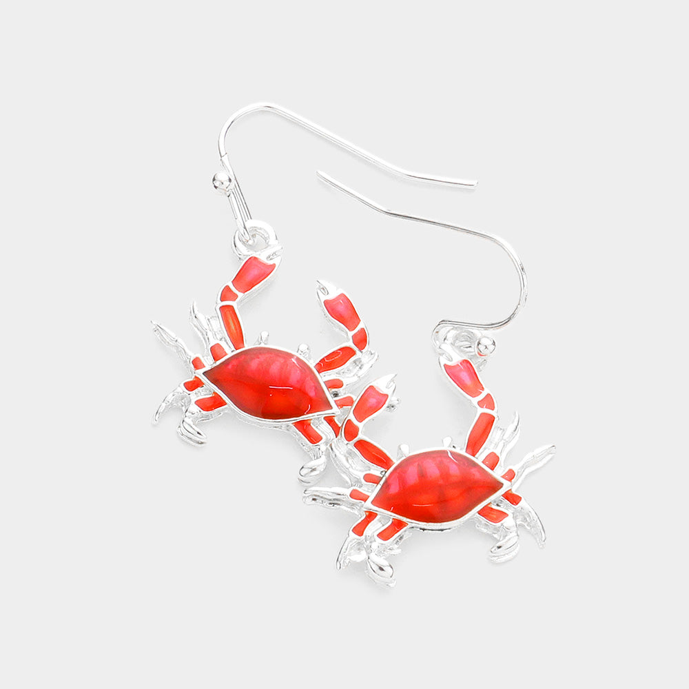 Antique Silver, Red Enamel Metal Crab Dangle Earrings