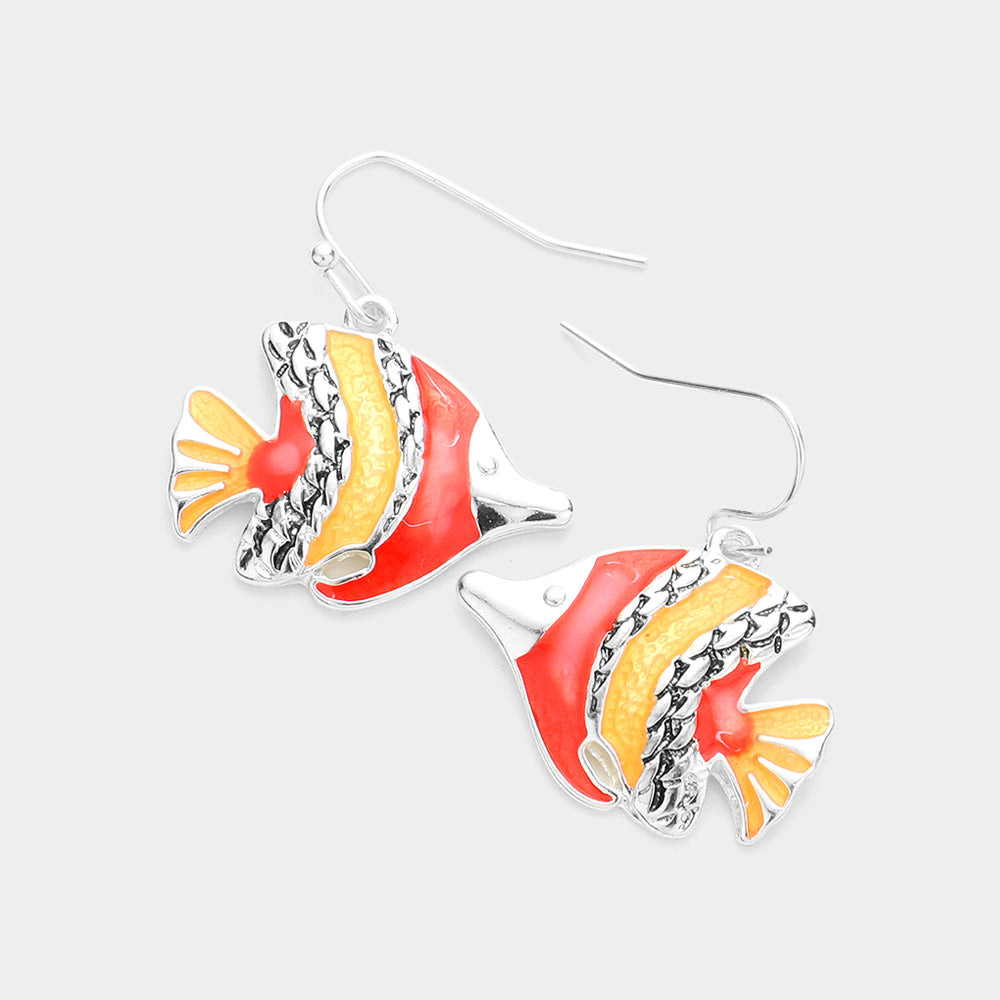 Antique Silver, Red Enamel Antique Metal Fish Dangle Earrings