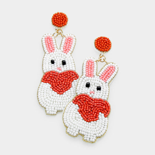 Felt Back Seed Beaded Bunny Heart Dangle Earrings - White - Earrings