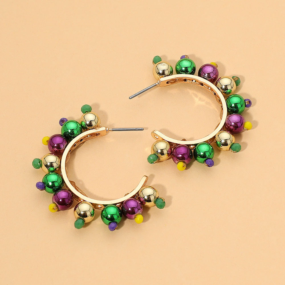 Madeline Love Gold, Green, Purple , Yellow Mardi Gras Beaded Cluster Hoop Earrings