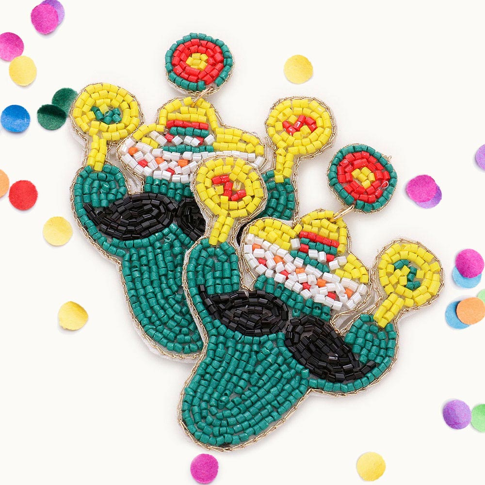 Madeline Love Multi Felt Back Beaded Hat Mustache Cactus Dangle Earrings